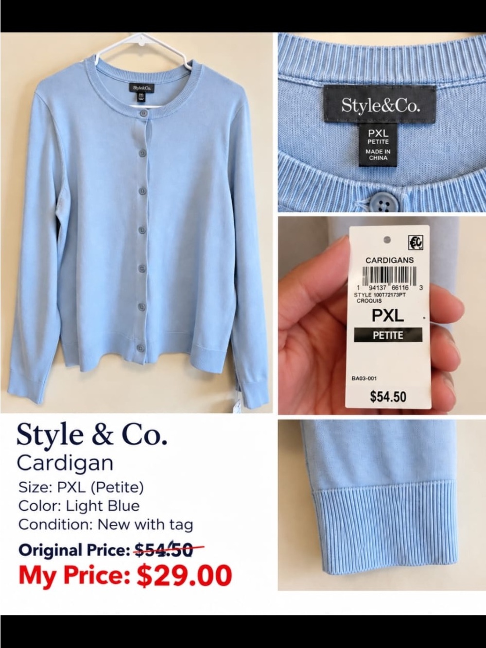 Style & Co. Petite Light Blue Crewneck Button Cardigan